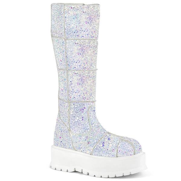 Demonia Women's Slacker-230 Knee High Platform Boots - White Multi Glitter D1847-65US Clearance
